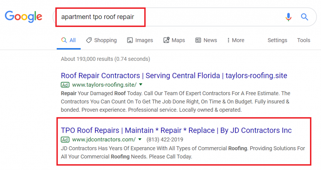 Apartment TPO Roof Repair Search On Google To Find Contractors For A Third Bid