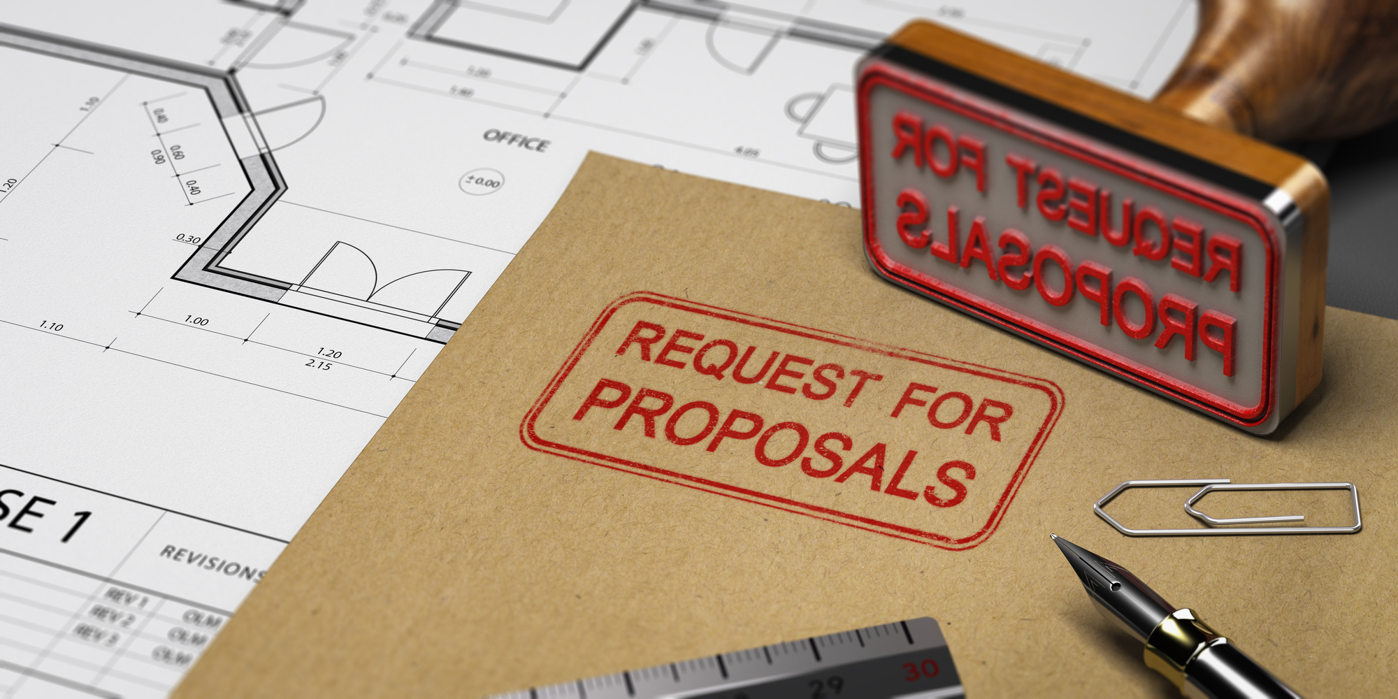 Request For Proposal Stamped On Folder and Construction Plans for Finding Qualified Third Bidders Blog Post
