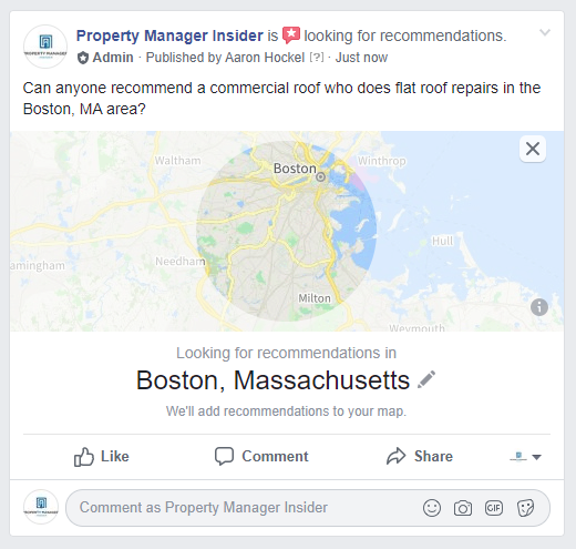 Facebook Group Recommendation Example For Finding Commercial Contractors