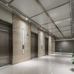 Elevators In Modern Office Lobby Serviced By Independent Elevator Companies