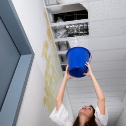 Woman Holding Bucket To Ceiling Because The Commercial Roof Is Leaking In Hallway