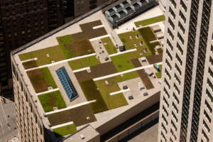 Aerial View Of Commercial Roofing System With Green Roof Installed